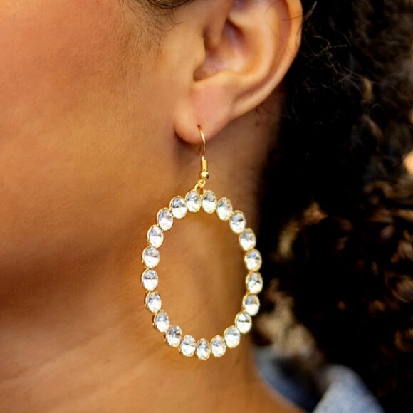 Oversized White Rhinestone Hoop Earrings |Holiday Glamorous Statement Jewelry - Picture 2 of 4